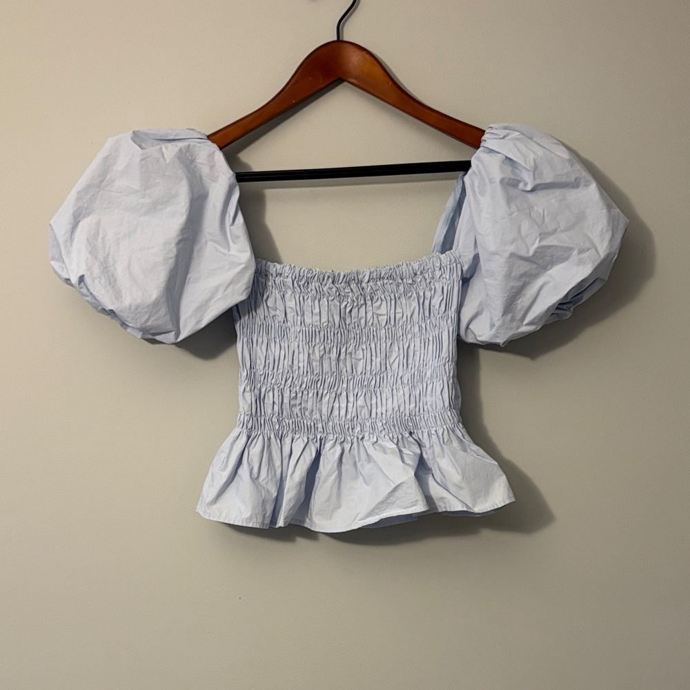 Astr Pale Blue Smocked Puff-Sleeve Peplum Top